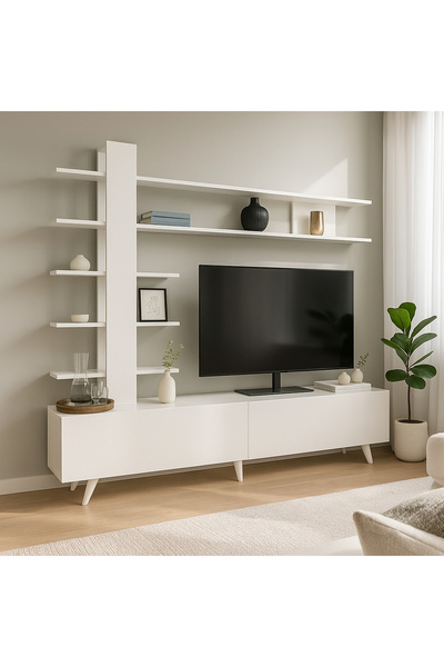 Dekorister Aleyna Duvar Raflı Kitaplıklı Tv Ünitesi Beyaz