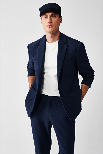 Avva Erkek Lacivert Astarsız Mono Yaka Çift Yırtmaç Örme A32Y4005