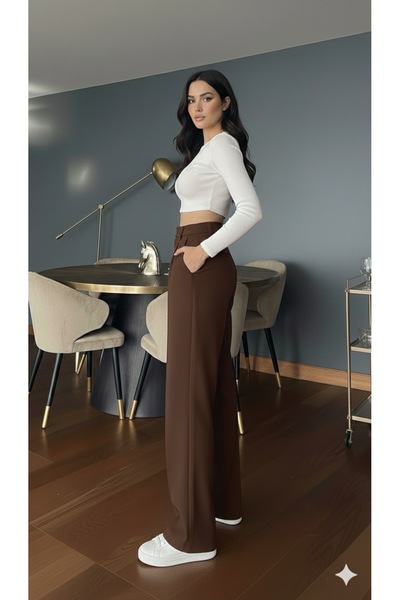 Generic Brand Pantaloni palazzo pentru femei, maro, cu talie înaltă, pliuri, detaliu cu nasturi, croială lejeră, din material elastic
