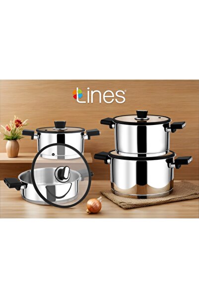 Lines Mercan 8 Parça Paslanmaz Çelik Tencere Seti Silikon Kapak, Yanmaz Kulp