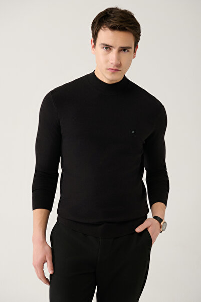 Avva Schwarzer Strickpullover mit halbem Rollkragen und strukturiertem Kragen für Herren A32y5166