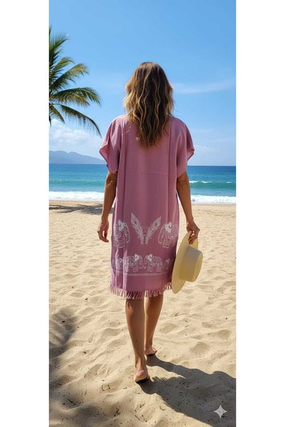 Nevin Acar Plus Size Half Sleeve Elephant Print Bamboo Peshtemal Beach Dress
