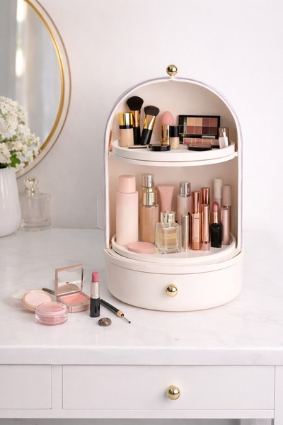 decorev 360° Döner Sistem Makyaj Organizeri Büyük Kapasiteli Makyaj ve Kozmetik Düzenleyici + Çanta Boy Or