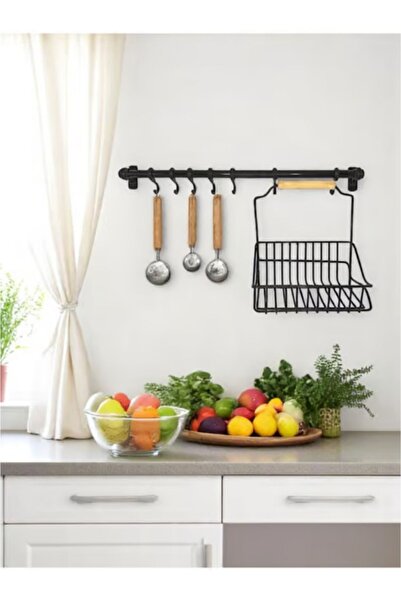 KARTEYA 1.kalite Siyah Retro Mutfak Seti Askılı Ve Sepetli Askı Ve Kanca Mutfak Düzenleyici