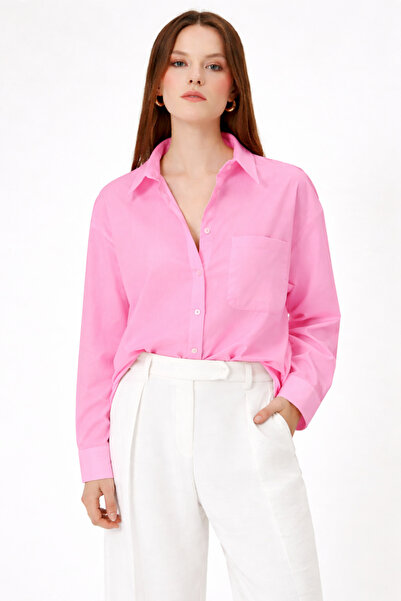 RAMİOR COLLECTION Women's Pink Linen Shirt – Comfortable Fit, Long Sleeves, Buttoned Basic Model