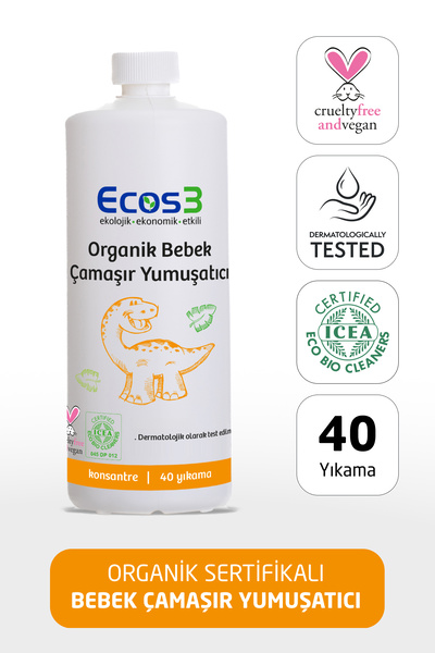 Ecos3 Organik Bebek Çamaşır Yumuşatıcı, Vegan Sertifikalı, Ekolojik, Extra Konsantre, 40 Yıkama, 1000 ml