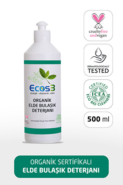 Ecos3 Organik Elde Bulaşık Deterjanı, Vegan Sertifikalı, Ekolojik, Hipoalerjenik, Aloe Vera’lı, 500 ml