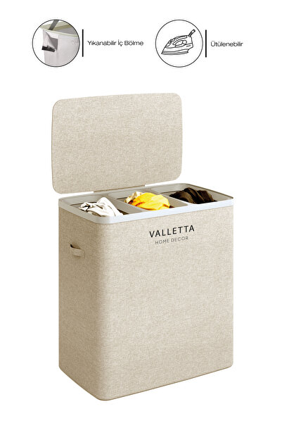 valletta Paloma 120l Üç Yıkanabilir Bölmeli Katlanabilir Kumaş Kirli Çamaşır Sepeti Cappuccino Beige