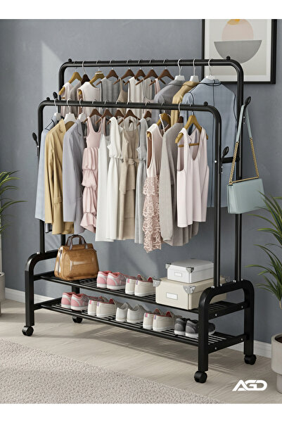 AGD منظم ملابس ورفوف بعجلات دوارة، معدني مزدوج مع أرفف سفلية للتخزين، 110*57*150 سم أسود