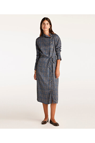 Yargıcı Yüksek Yaka Kuşalı Uzun Kollu Midi Boy Elbise