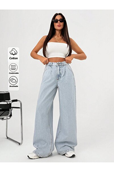 SHEVEGA بنطلون جينز نسائي فضفاض بأرجل واسعة بلون أزرق ثلجي مع خطوط أمامية وخلفية