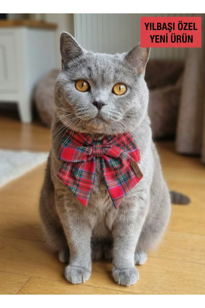 Patiset Kırmızı Ekose Kedi Fiyonk Papyon Kurdele - Tasma Üstü Pet Aksesuar