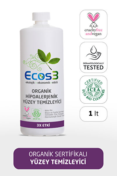 Ecos3 Organik Yüzey Temizleyici, Hipoalerjenik, Vegan Sertifikalı, Ekolojik, Evcil Hayvan Dostu, 1000 ml