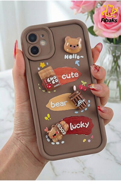 Fibaks Apple iPhone 12 Kılıf Kamera Korumalı Ayıcık Kahve Figürlü Renkli Yumuşak Silikon Kapak
