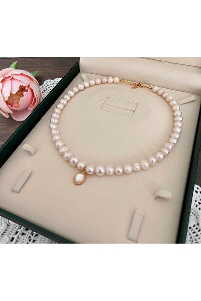 Harikalar Aksesuar Sertifikalı Doğal 10mm İnci Kolye Çelik Aparat Oval Charm-...