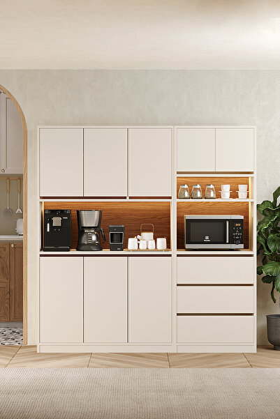 Avmpark Brave Kahve Köşesi 2 Kapaklı Çekmeceli Airfry Kiler Dolabı Çok Amaçlı Erzak Dolabı Ceviz-Beyaz