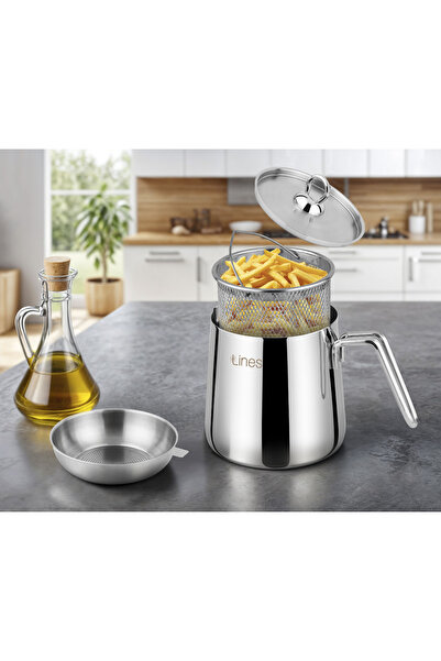 Lines 4 Parça ÇELİK KIZARTMA SETİ Metal Kulp Telli Kızartma Süzgeci