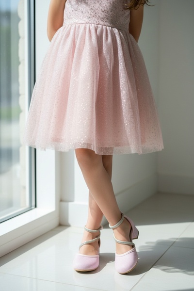 PATİK BEBE حذاء سهرة بناتي وردي اللون بكعب حجري وربطة عنق