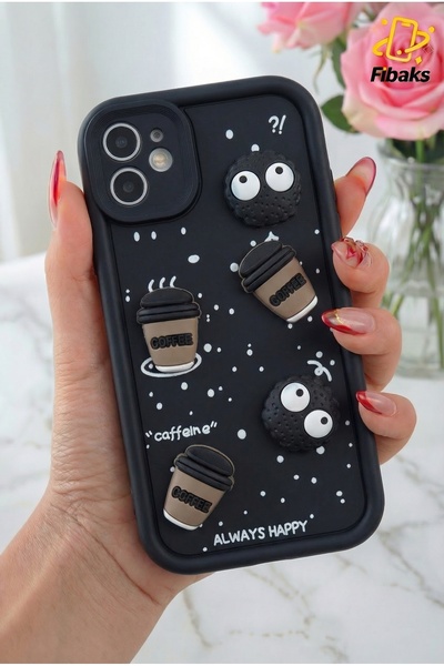 Fibaks İphone 12 Uyumlu Kılıf Tasarımlı Desenli Kamera Korumalı Coffee Kurabiye Siyah Yumuşak Silikon Kapak