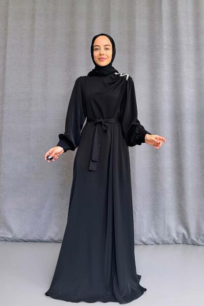 Ka Hijab Βραδινό φόρεμα Hijab με πέτρες στους ώμους - Μαύρο