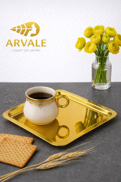 ARVALE 6 ADET Gold Renk 21x21cm Kahve Servis Sunum Tepsisi&Tabağı