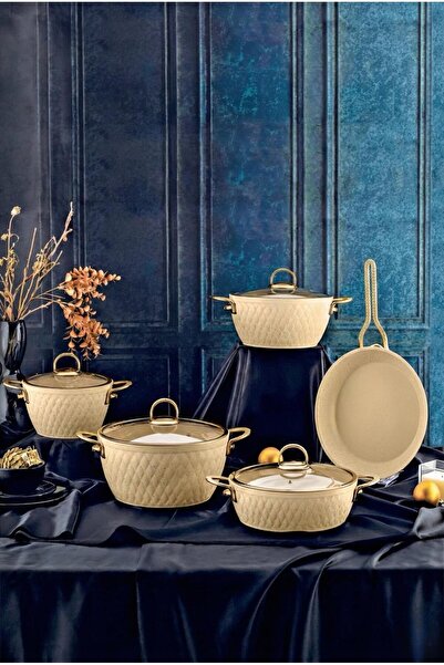 ÖZLİFE İNCİ 9 Parça Granit Tencere Seti Krem Gold