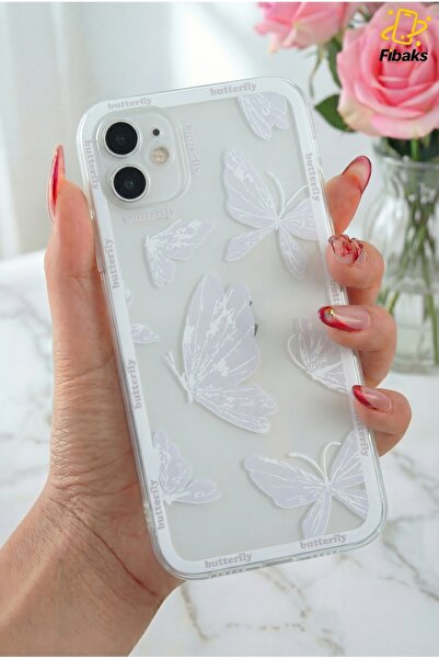 Fibaks İphone 12 Uyumlu Kılıf Tasarımlı Desenli Kamera Korumalı Şeffaf Kelebek Esnek Yumuşak Silikon Kapak