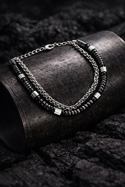 OSMANLI GÜMÜŞ Men's Steel Bracelet - Double Row Round King Chain Natural Hema...