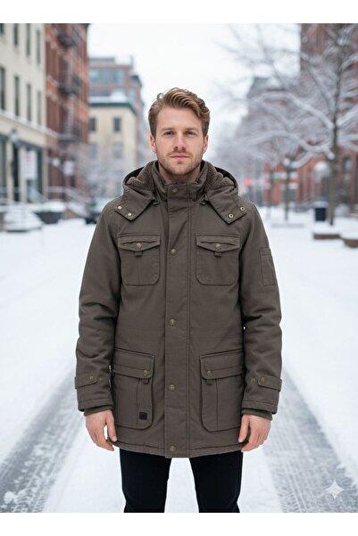 DYNAMO Erkek Haki Kapüşonlu Kürk Astarlı Su Geçirmez Kaplamalı Kalın Kaban 2485
