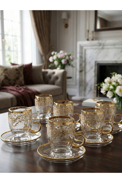 SQUALO طقم فناجين شاي زجاجية – 6 قطع – مزخرفة بالذهب والفضة