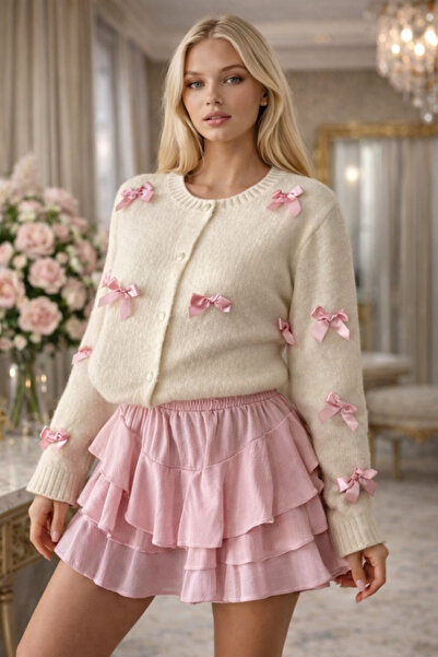 OYERGA MODA Cardigan cu detaliu cu fundă pentru femei