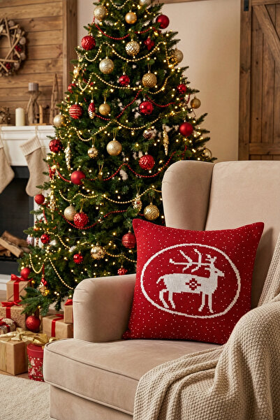 Koza Home غطاء وسادة مربع منقوش على شكل غزال رأس السنة باللون الأحمر من Destino مقاس 45x45 2024