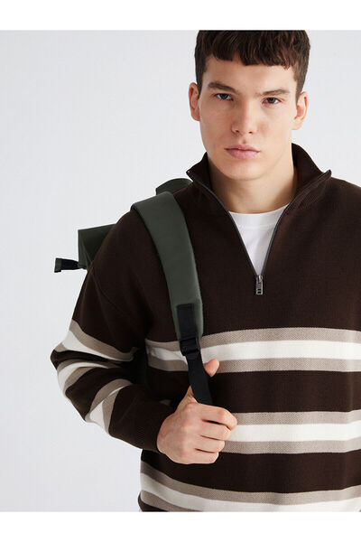 LC Waikiki Pulover maro pentru bărbați cu fermoar și guler ridicat dungi