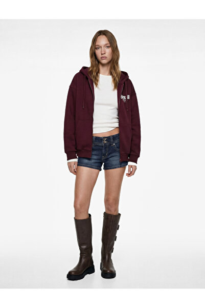 Koton Fleece-Lined Long Sleeve Pocket Zippered Back Printed Hooded Sweatshirt