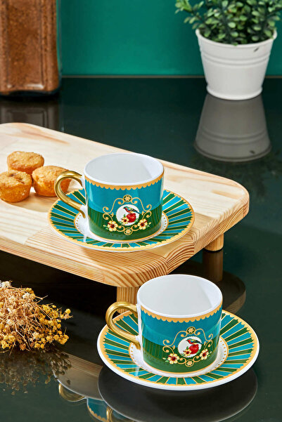 Carmen Soft 2 Kişilik Piano Green Bird Double Kahve Fincan Takımı