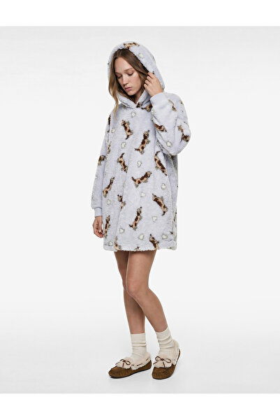 Koton Köpek Baskılı Uzun Kollu Kapüşonlu Oversize Peluş Sabahlık
