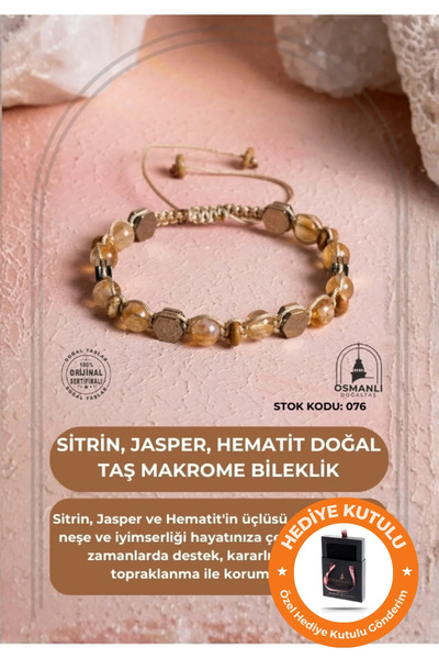OSMANLI DOĞAL TAŞ Kadın Sertifikalı Gerçek Doğal Taş Para ve Bereket Sitrin Jasper Hematit El Yapımı & Kutulu Bileklik