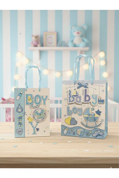 Deniz Party Store Baby Çanta 2 Li Simli Karton Çanta Mavi 1 Adet 17*24 Cm 1 A...