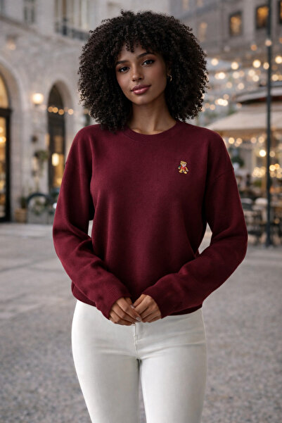 OYERGA MODA Women's Oversized Teddy Bear Detail Sweater