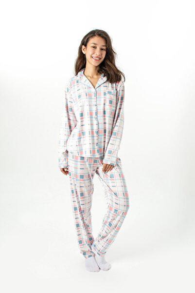 Ecrou Women's Baby Blue Plaid New Start Peter Pan collar Long Sleeve Trouser Pajama Set