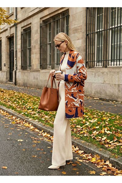 lamea Kadın Desenli Uzun Oversize Triko Hırka – Cepli – Turuncu/Lacivert