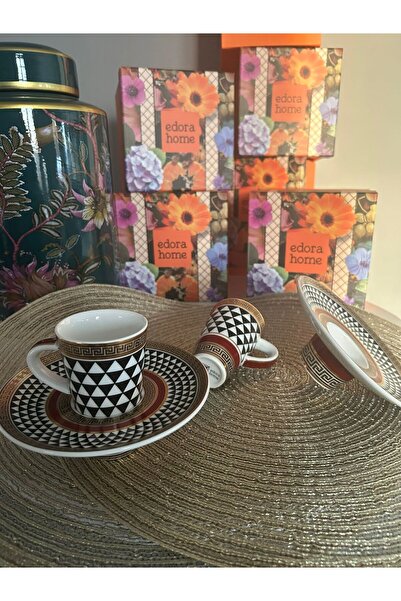Edora Home Turkish Coffee Cup Set Black and White Patterned Burgundy Framed 2 Person 4 Pieces