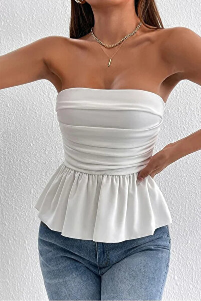 ecemore Λευκή μπλούζα στράπλες - Μπροστινή μαζεμένη και πιέτα λεπτομέρεια