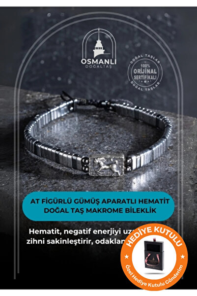 OSMANLI DOĞAL TAŞ Erkek Sertifikalı At Figürlü Gerçek Hematit Doğal Taş Gümüş...