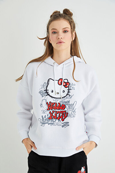 Hello Kitty Lisanslı Baskılı Kapüşonlu Kalın Sweatshirt
