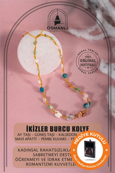 OSMANLI DOĞAL TAŞ Women's Certified Gemini Zodiac Sign Real Natural Stone Boxed & Handmade Custom Design Natural Stone Necklace