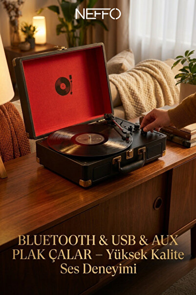 NEFFO Bluetooth Retro Pikap – 33/45/78 RPM Plak Çalar, Taşınabilir Çanta Tasa...