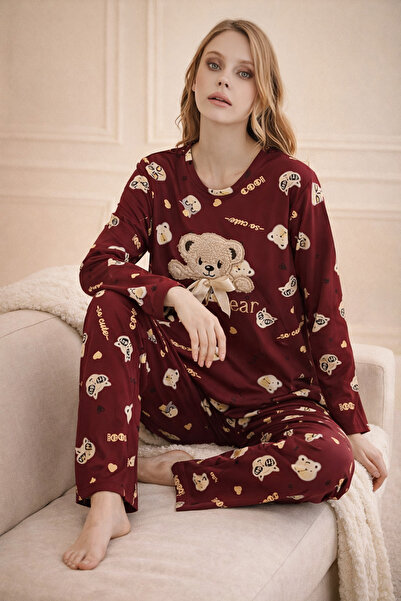 Mihra Burgundy Teddy Bear Patterned Pajama Set – Soft Textured and Stylish Lo...