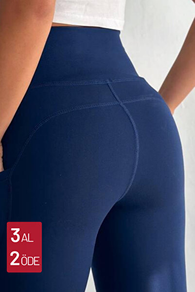 Mogi Butik Kadın Yüksek Bel Toparlayıcı Çift Cepli Leggings Fitness Tayt 3143