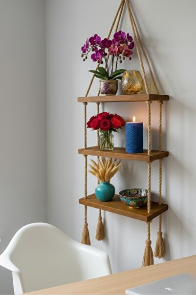 ATÖLYE DÜNYASI 3 Katlı Dekoratif Ahşap Halatlı Duvar Rafı Kitaplık & Çiçeklik...